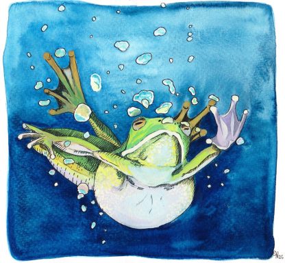 Tauchender Frosch Ein Frosch taucht unter Wasser, umgeben von blauen Blasen.