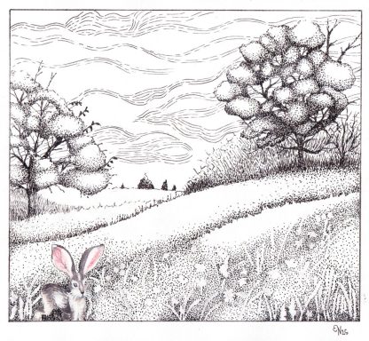 Blumenwiese Ein Hase mit langen Ohren steht auf einer bewachsenen Wiese unter bewölktem Himmel.